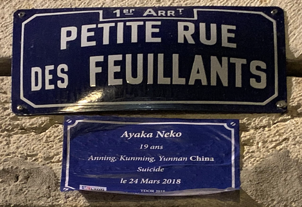 Plaque en souvenir d'une personne trans ayant commis un suicide.