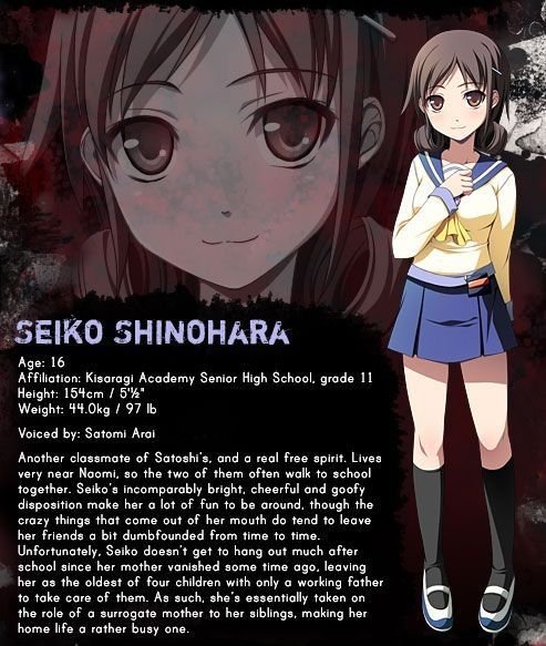 Seiko est une autre camarade de classe de Satoshi, et c’est une vraie âme libre. Elle habite tout près de Naomi, donc elles se rendent souvent à l’école ensemble. Avec sa personnalité lumineuse, joyeuse et un peu excentrique, Seiko est toujours agréable à fréquenter, même si ses remarques farfelues laissent parfois ses amis un peu déconcertés.
Malheureusement, elle n’a plus beaucoup de temps pour sortir après les cours. Sa mère a disparu il y a quelque temps, et en tant qu’aînée de quatre enfants, elle doit s'occuper de ses frères et sœurs, leur père étant souvent au travail. Elle a donc pris en charge le rôle de mère de substitution, ce qui rend sa vie à la maison bien remplie.